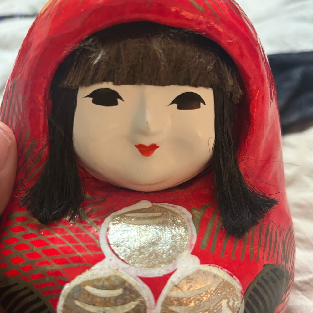 Vintage Hime-Daruma (Princess Daruma) Doll With Silk Thread Hair, 9 Inch